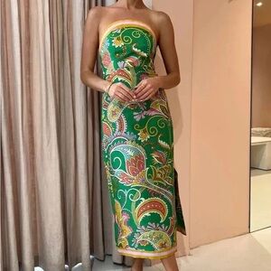Alemais Marion Strapless Green Paisley Dress